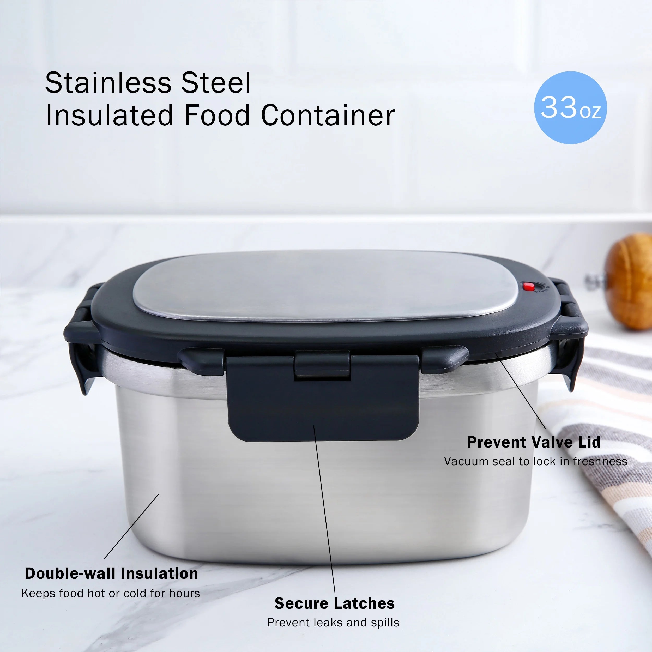 33 Oz Insulated 2-Piece Stainless Steel Lunch Box Food Storage Container with Lid