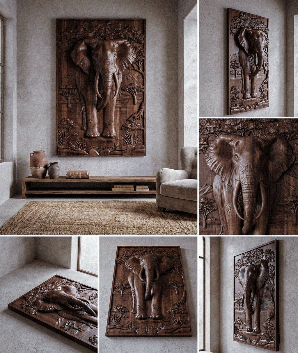 Majestic African Elephant 3D Relief Wood Wall Art