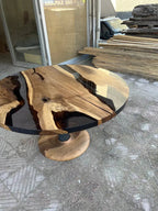 Custom Round Epoxy Resin Walnut Dining - Kitchen Table With Wood Base
