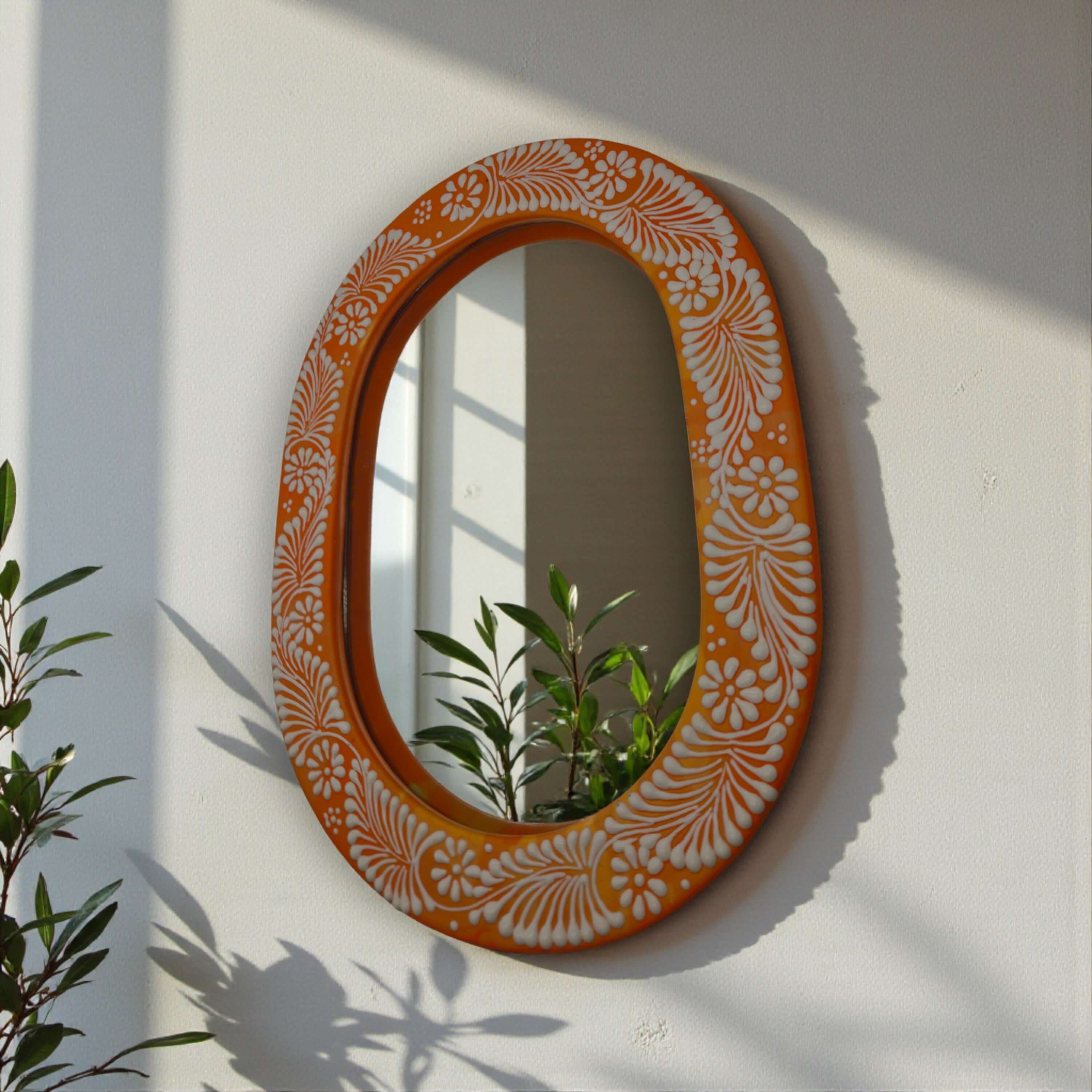 Floral Brown & White Talavera Mirror | Handmade Mexican Art