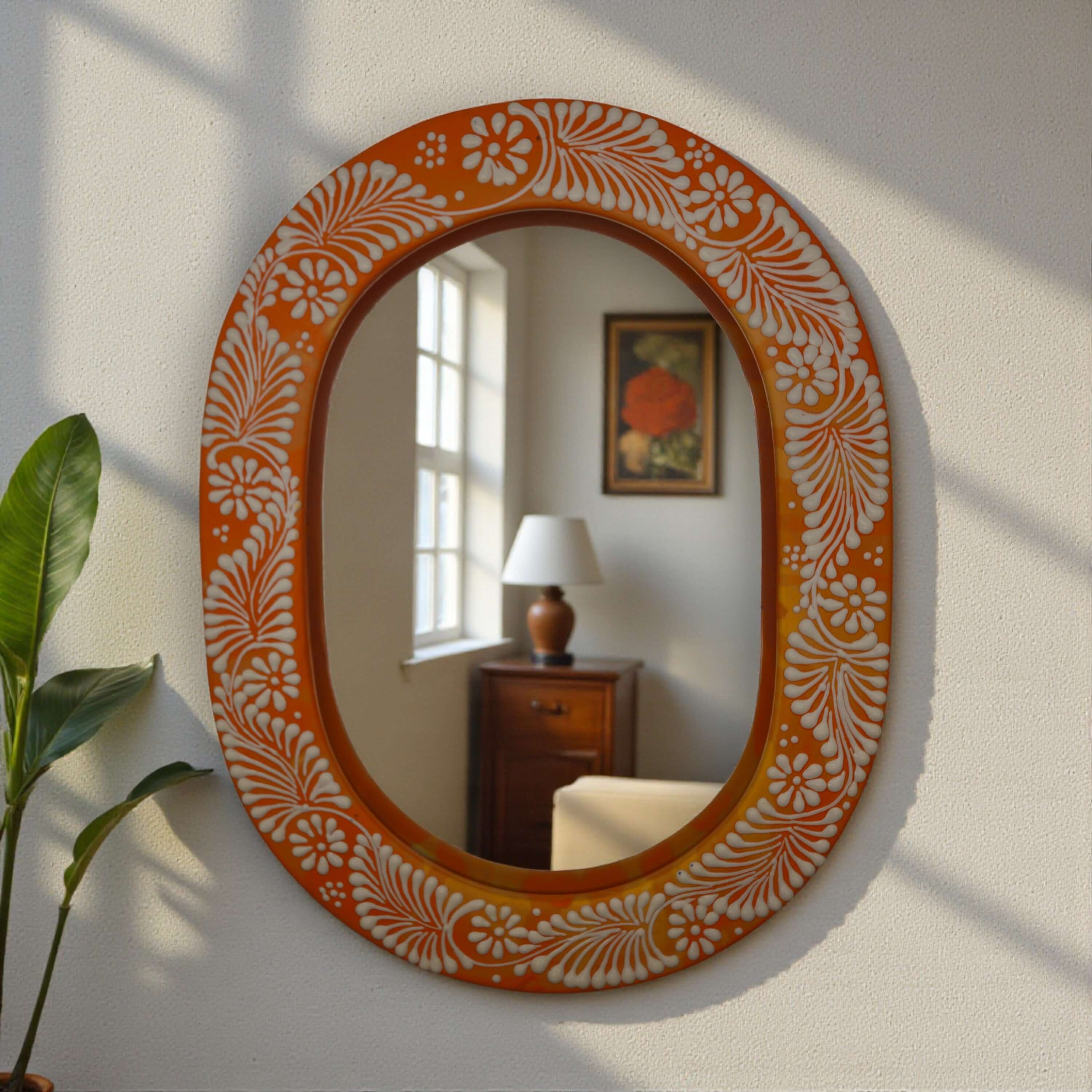 Floral Brown & White Talavera Mirror | Handmade Mexican Art